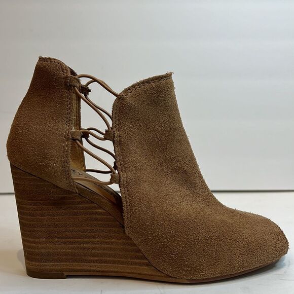 Lucky Brand Reevas Peep Toe Wedge Camel Suede Booties Size 8.5 - Picture 14 of 14